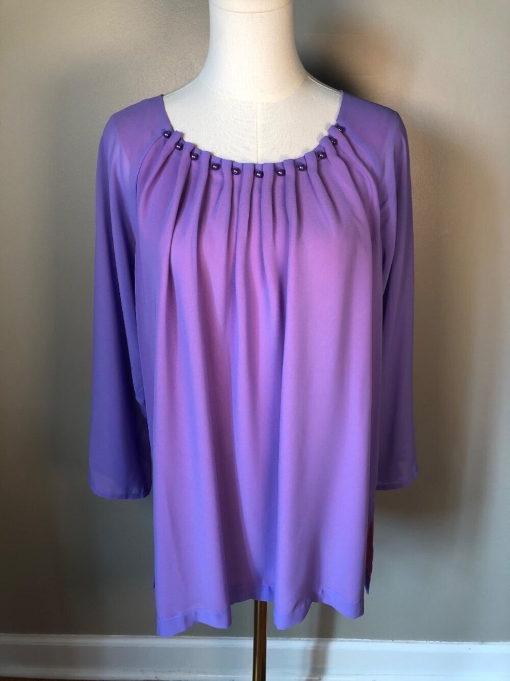 NWOT Linea By Louis Dell'Olio Lavender Pleated Top W/ Faux Pearl Accents Size L